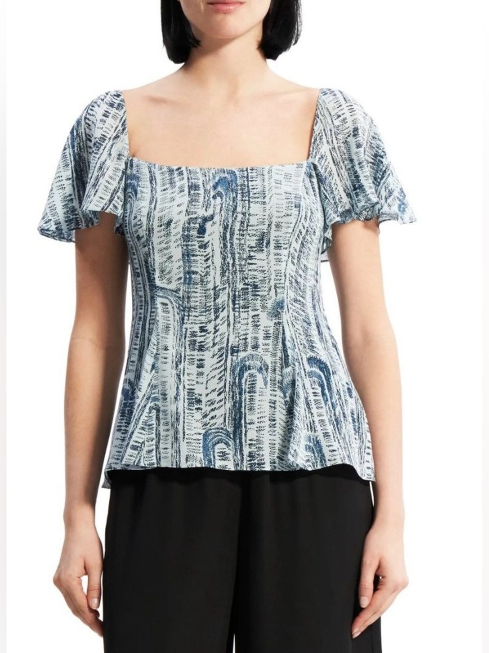 Theory Women’s Godet Printed 100% Silk Top Teal Multi Size 2 NWOT